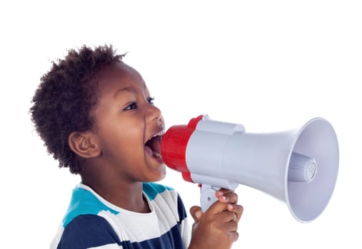 Small boy shouting through a megaphone isolated on white background