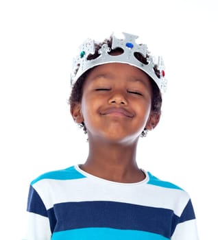 Happy african child with silvered crown isolated on a white background