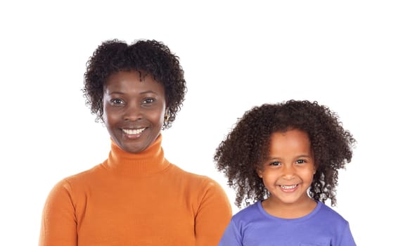 Mother and daughter looking at camera with a beautiful smile isolated on white background