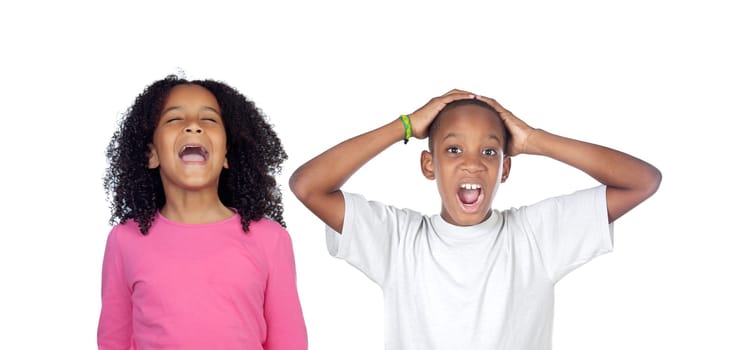 Children covering the ears and shocked by a loud sound isolated on a white background