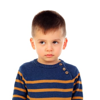 Pensive child with short hair isolated on a white background