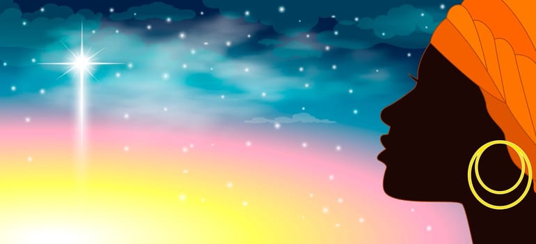 Silhouette of a young African woman against the background of the starry sky and one large shining star. Girl with a turban and an earring. The face of an African girl in profile.