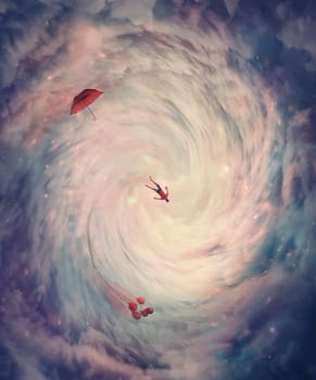 Surreal view of a cosmic wormhole. Person absorbed by a magical celestial swirl. Teleportation in the wonderland. Conceptual time and space travel scene. Collapse into whirlwind. Theory of relativity