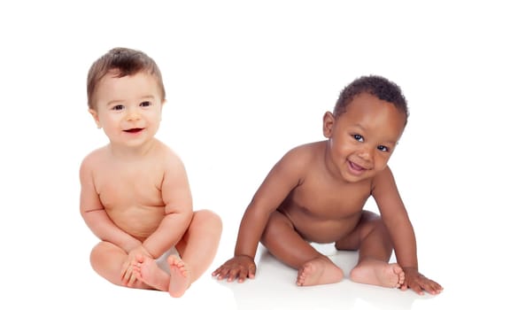 Two funny babies laughing isolated on a white background
