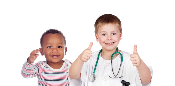 Little doctor saying Ok with a cute patient isolated on a white background
