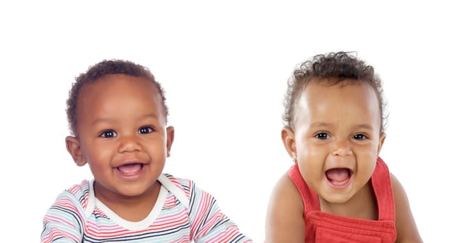 Two funny babies laughing isolated on a white background