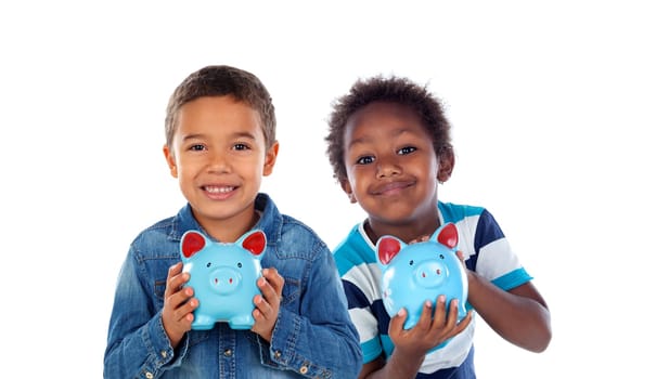 Children with blue moneybox looking at camera isolated on a white background