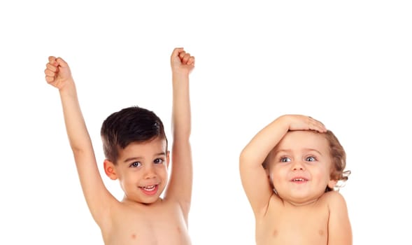 Bath hour. Two children without clothes ready for the shower