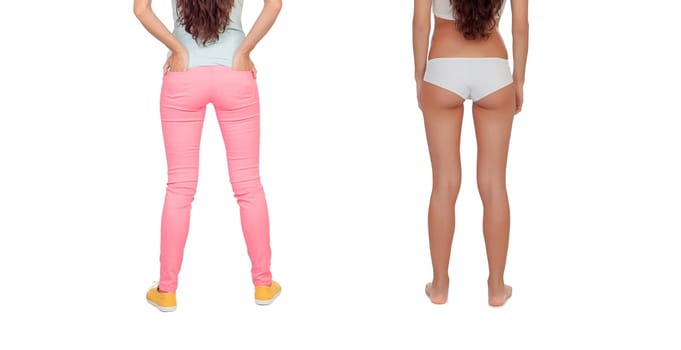 Back view of a slim girl with pink pants and white underwear