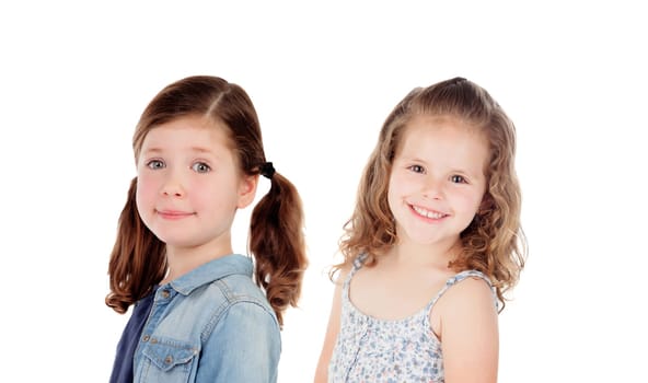 Two caucasian girls looking at camera isolated on a white background