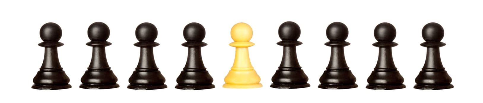 Many pawns black and other one yellow isolated on a white background
