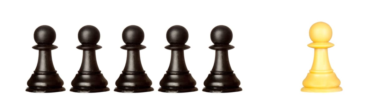Many pawns black and other one yellow isolated on a white background