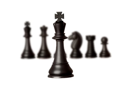 Black chess team with the king close-up isolated on a white background
