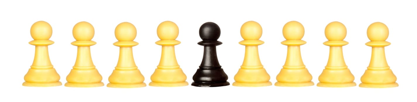 Many pawns yellow and other one black isolated on a white background