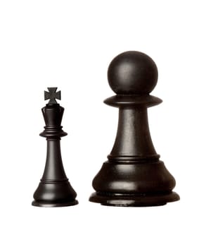 Big black pawn and small king isolated on a white background