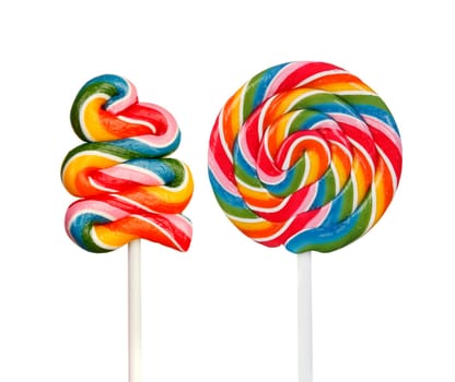 Two lollipops with many colors in a spiral isolated on a white background