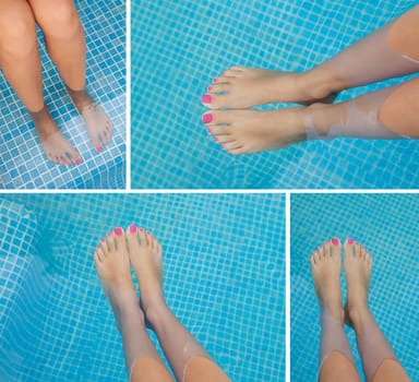Four images of feet in the pool