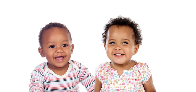 Two funny babies laughing isolated on a white background