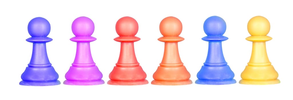 The color pawns, chess pieces isolated on a white background