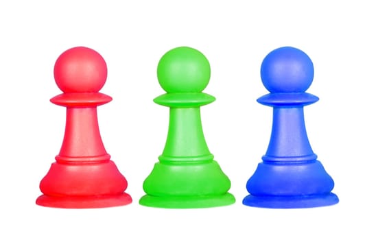 The color pawns, chess pieces isolated on a white background