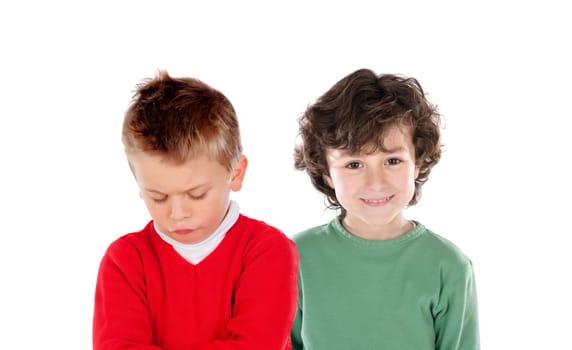 Angry child with his friend isolated on a white background