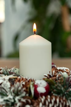 Beautiful Candles in home. Warm christmas decoration