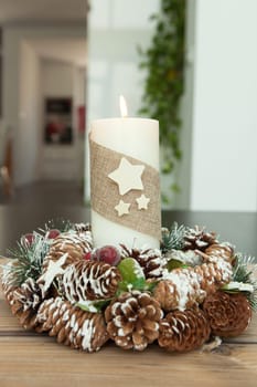Beautiful Candles in home. Warm christmas decoration