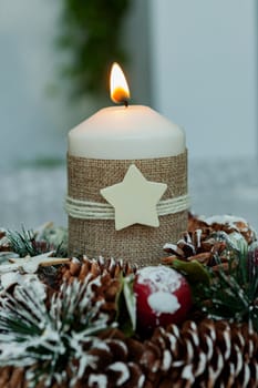 Beautiful Candles in home. Warm christmas decoration