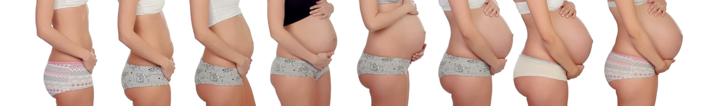 Sequence of a pregnant woman isolated on a white background