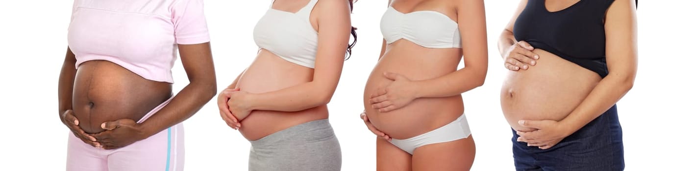 Four pregnant women  showing her belly isolated on a white background