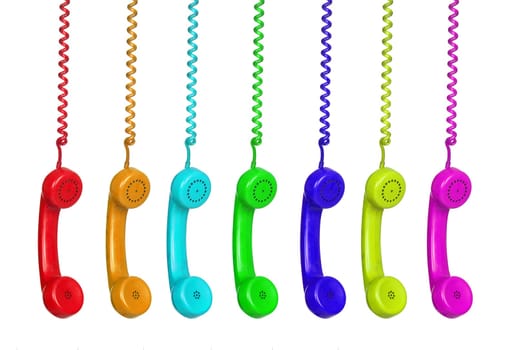 Colorful phones hanging from a cable isolated on a white background