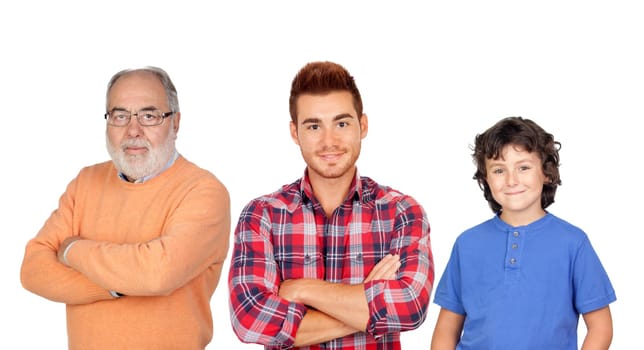 Three generations together, grandfather father and son isolated on a white background