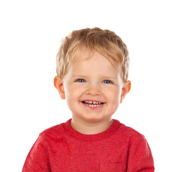 Beautiful little child two years old laughing isolated on a white background