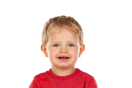 Beautiful little child two years old laughing isolated on a white background
