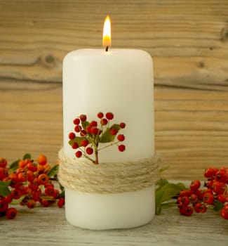 Candles decoration with natural elements. Christmas lighting