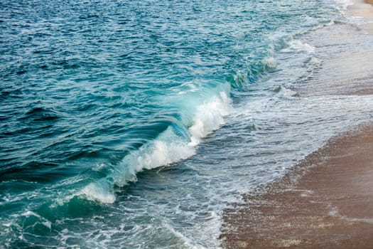 Foamed blue waves breaking in the beach