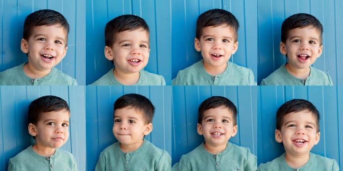 Eight portraits of a funny child with diferents expresions on blue background