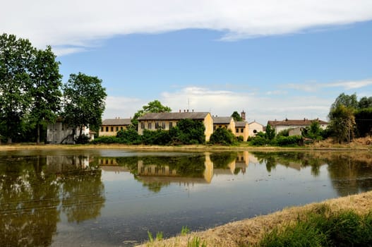 country landscape with little old village in the middle of rice fields flooded with water, shot in bright windy spring day .