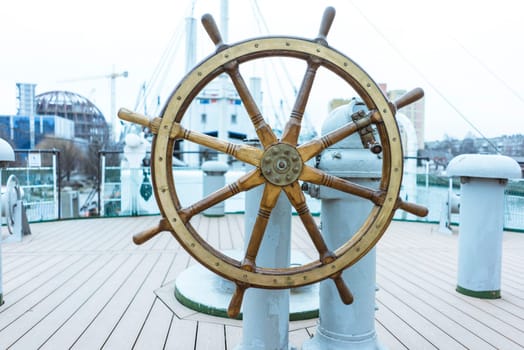 The Ship's Helm, Ship rudder, The Steering Wheel is Still Ready to Work, Vintage Wooden And Brass Ship's Steering Wheel Rudder
