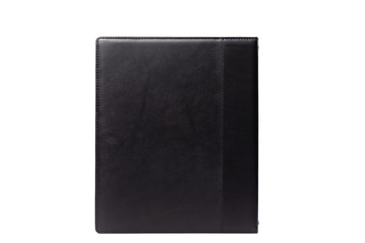 This sleek leather portfolio organizer features a minimalist black design, ideal for showcasing documents during professional meetings or academic presentations.