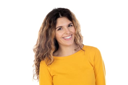 Beautiful woman with wavy hair isolated on a white background