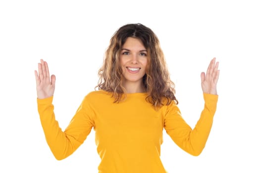 Beautiful woman with wavy hair isolated on a white background