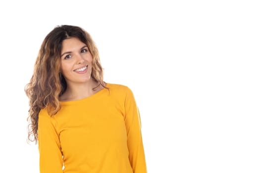Beautiful woman with wavy hair isolated on a white background