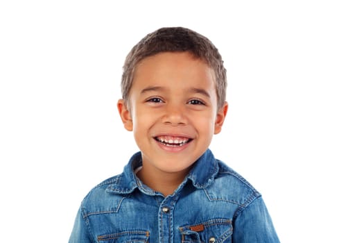 Funny small child with denim t-shirt isolated on a white background