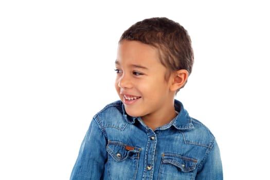 Funny small child with denim t-shirt isolated on a white background