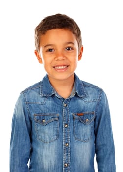 Funny small child with dark hair and black eyes crossing his arms isolated on a white background