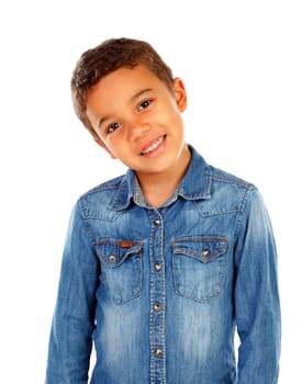 Funny small child with dark hair and black eyes crossing his arms isolated on a white background