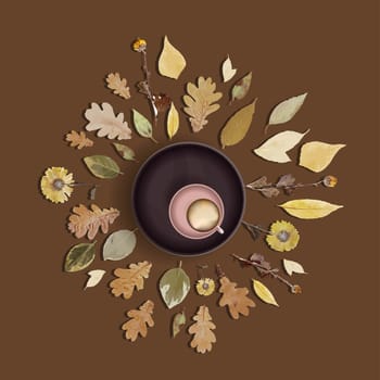 Cup of cappuccino or latte on the table top view. Autumn illustration. Autumn leaves. Herbal tea. Vector illustration.