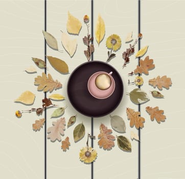 Cup of cappuccino or latte on the table top view. Autumn illustration. Autumn leaves. Herbal tea. Vector illustration.