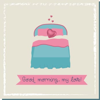 Bridal bed. Hearts over the bed. Love concept. Valentine's day poster square. Trendy illustration on the theme of love. Vector illustration.